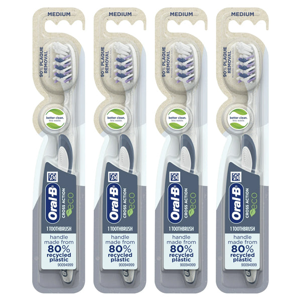 Get a 4 Pack of Oral-B CrossAction Eco Manual Toothbrushes with medium bristles, made from 80% recycled plastic and packaged sustainably. Choose this dentist-recommended Oral B product for effective daily oral care.